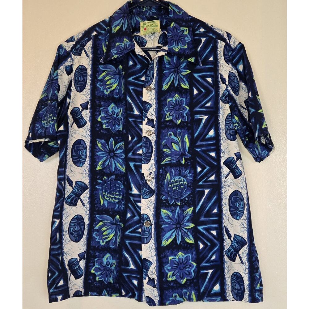 UI Makai Blue Floral Tiki Panel Hawaiian Short Sleeve Button Down Shirt Small